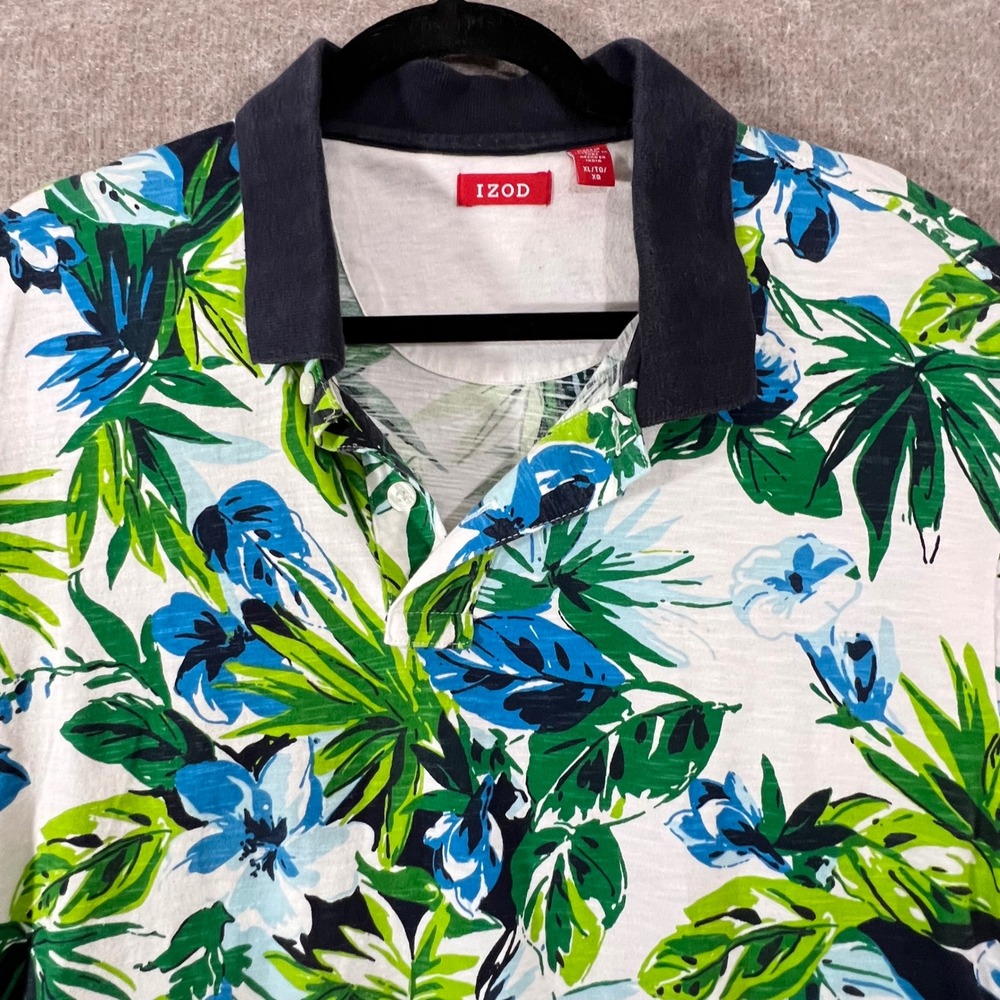 IZOD Polo Shirt Mens XL Tropical Floral Print Short Sleeve Beachy Resortwear